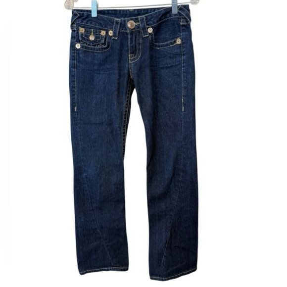 True Religion Jeans Joey Big T Flare Twisted Leg Size 27 Waist Denim Gold Stitch - Picture 2 of 13